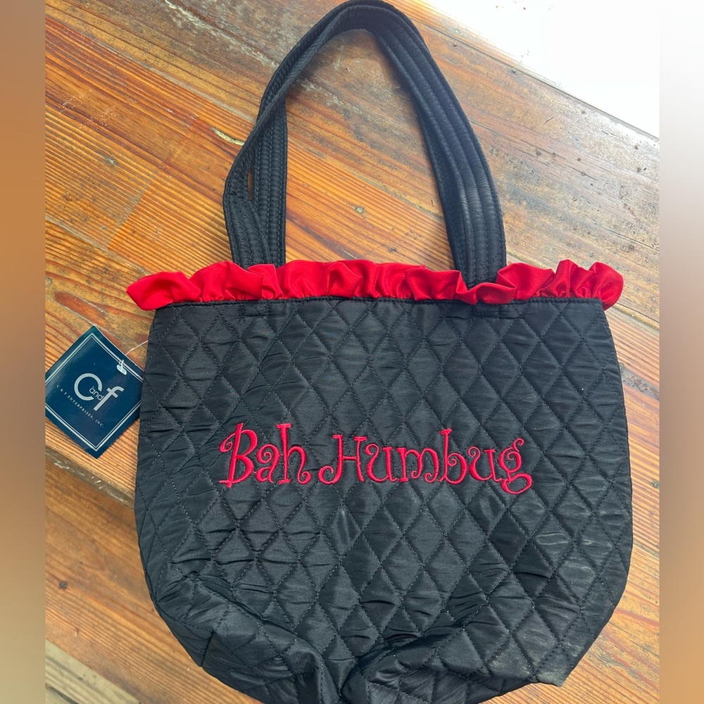 C & F ENTERPRISE Bah Humbug Black Quilted Ruffle Tote Bag NEW NWT